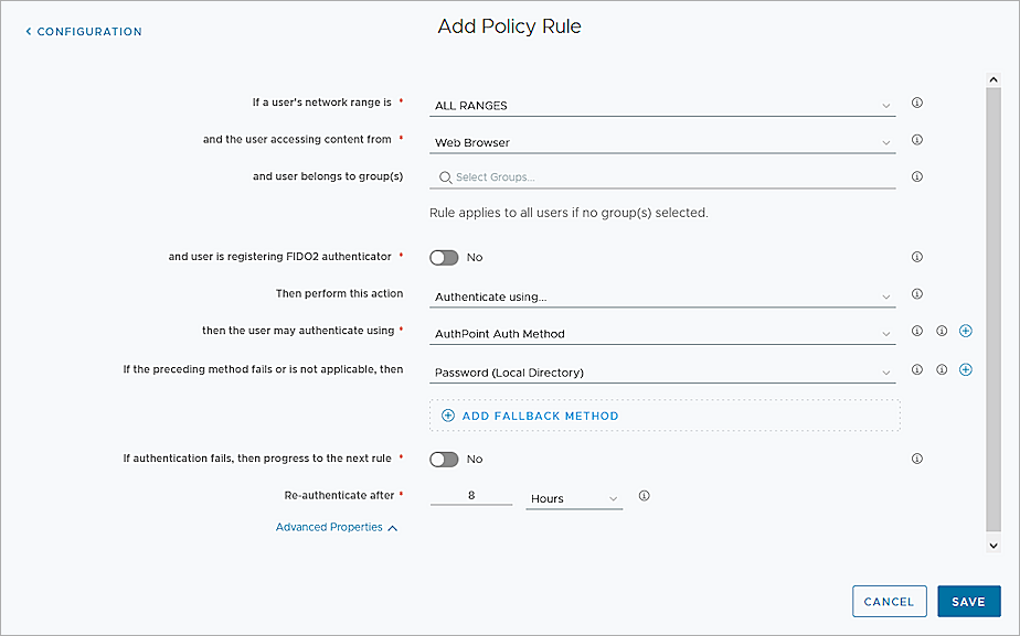 Screenshot of Add authpoint auth method in default policy page